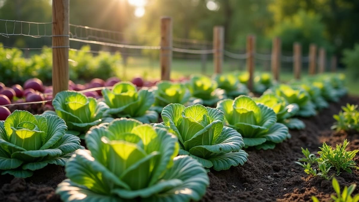 Potager bio entouré d’un grillage bas sur piquets en bois, avec des rangs de choux et de betteraves