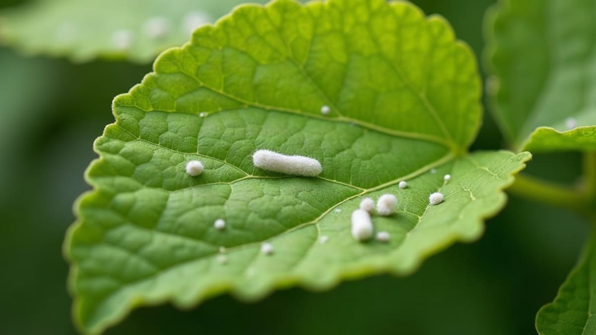 Revers d’une feuille d’hortensia portant de petits sacs de ponte blancs et cotonneux le long des nervures