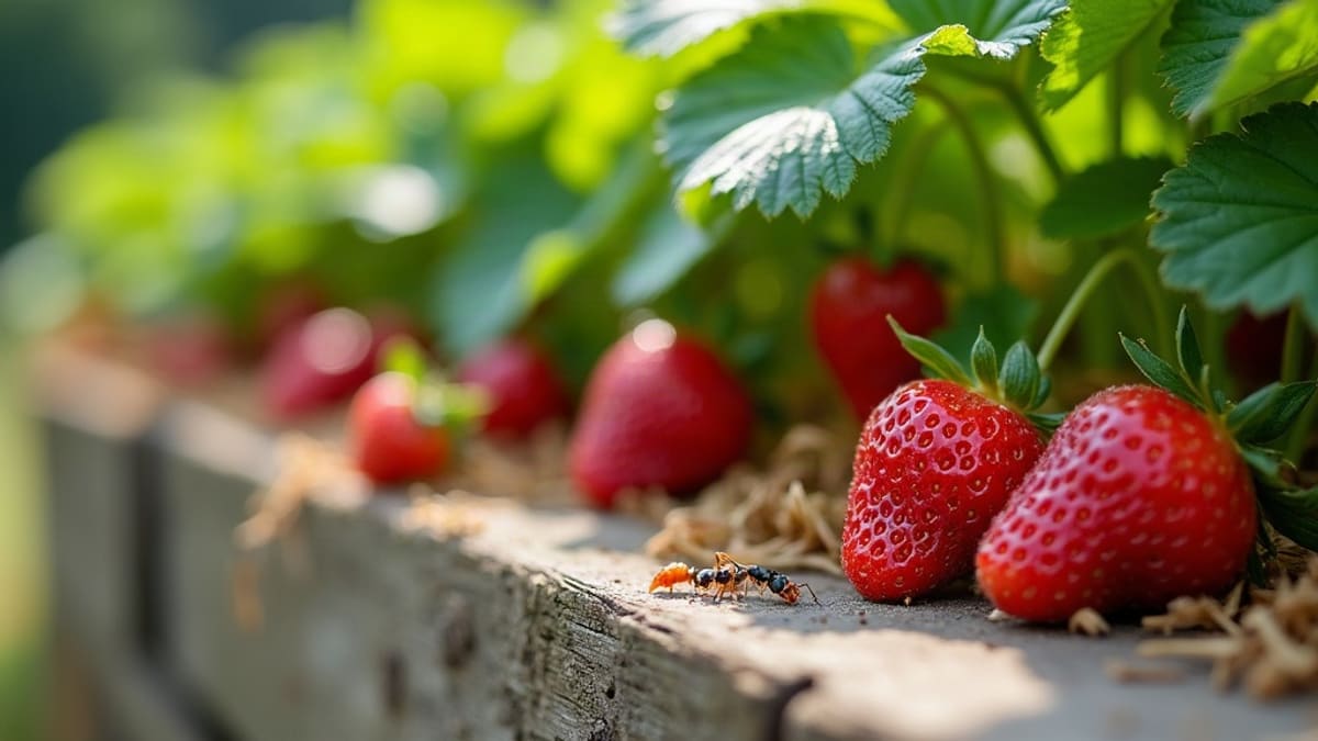 Carré de fraisiers paillés avec des fraises mûres et quelques fourmis sur une feuille verte