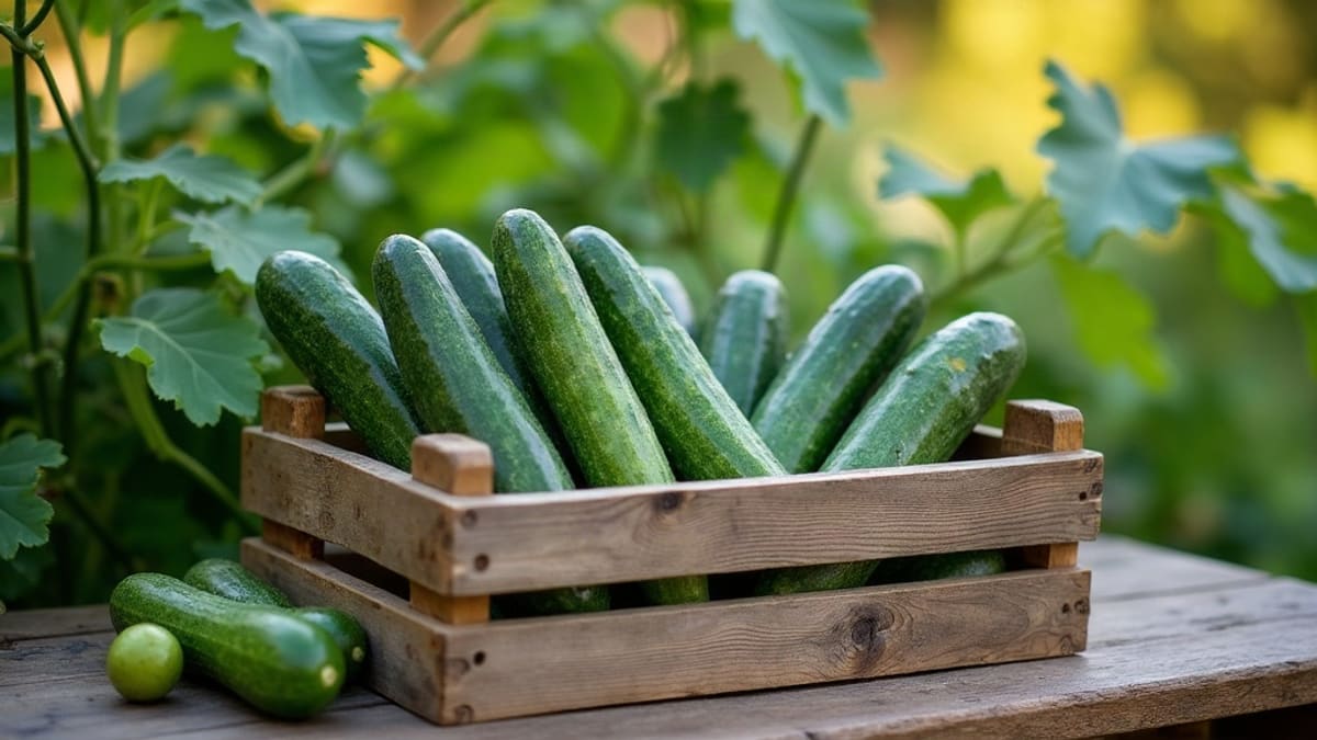 Cageot en bois de concombres et de petits cornichons fraîchement cueillis, posé près de plants de concombre au potager